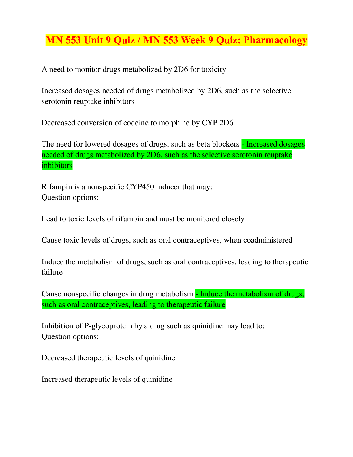 Preview image for MN 553 Unit 9 Quiz / MN 553 Week 9 Quiz: Pharmacology